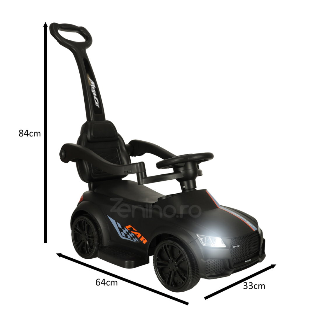 Push Car for Children, Steering Wheel, Removable Handle, Support Bars, Sounds and Lights, Battery Powered, Maximum 23 kg, Black