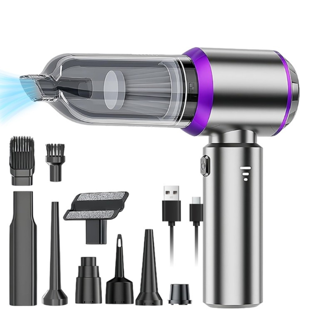 Преносима прахосмукачка за кола, 3 скорости, 100W, Hepa филтър, 2000mAh, 7 всмукателни глави, 50dB