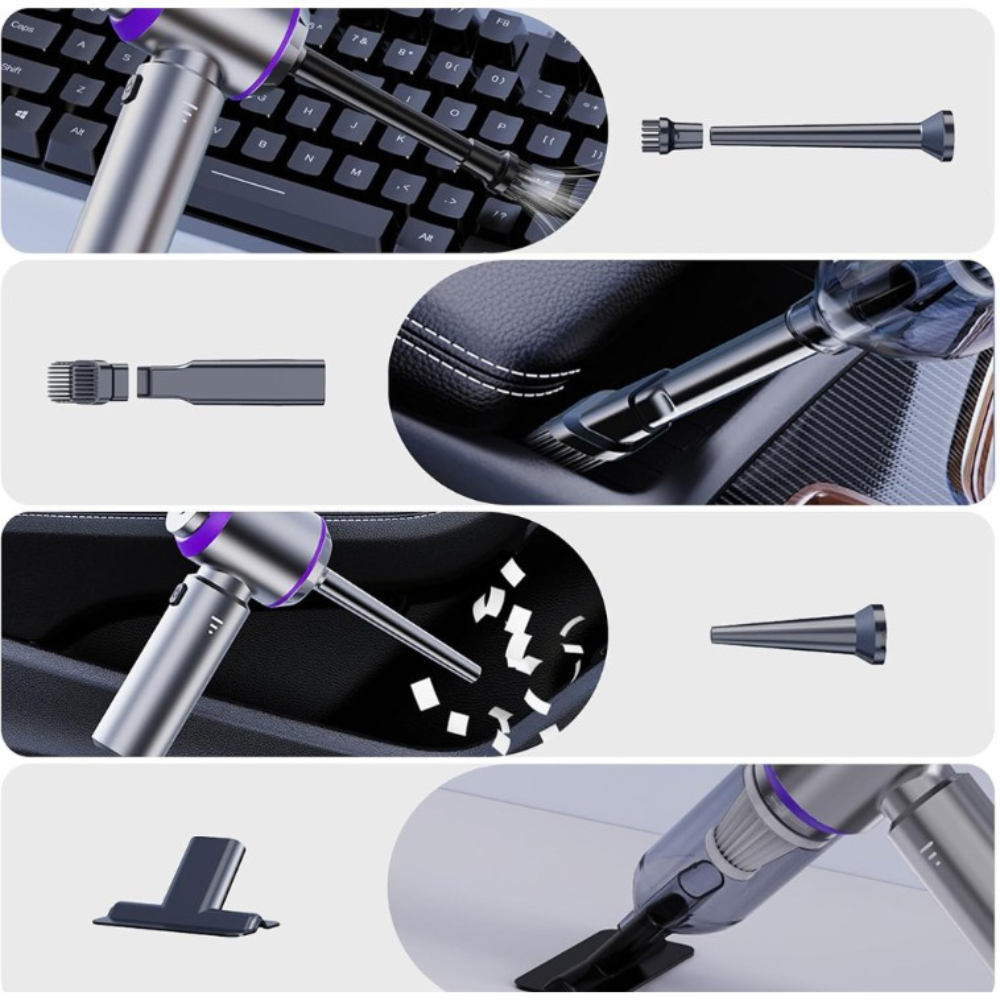 Преносима прахосмукачка за кола, 3 скорости, 100W, Hepa филтър, 2000mAh, 7 всмукателни глави, 50dB