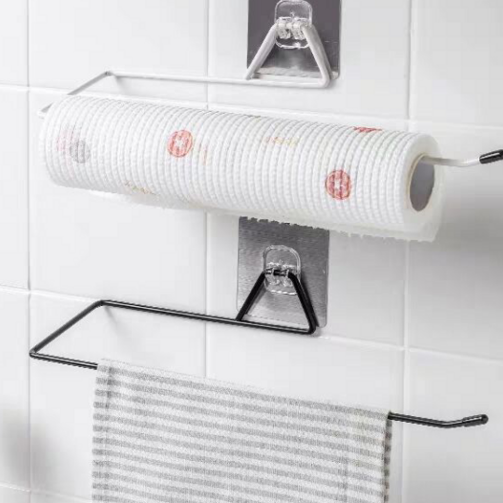 Towel/Paper Holder, Rod Type, Self-Adhesive Grip, Metallic, White/Black, 9.5x9.5x4 cm