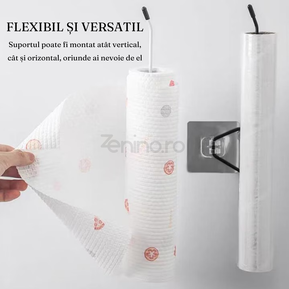 Towel/Paper Holder, Rod Type, Self-Adhesive Grip, Metallic, White/Black, 9.5x9.5x4 cm