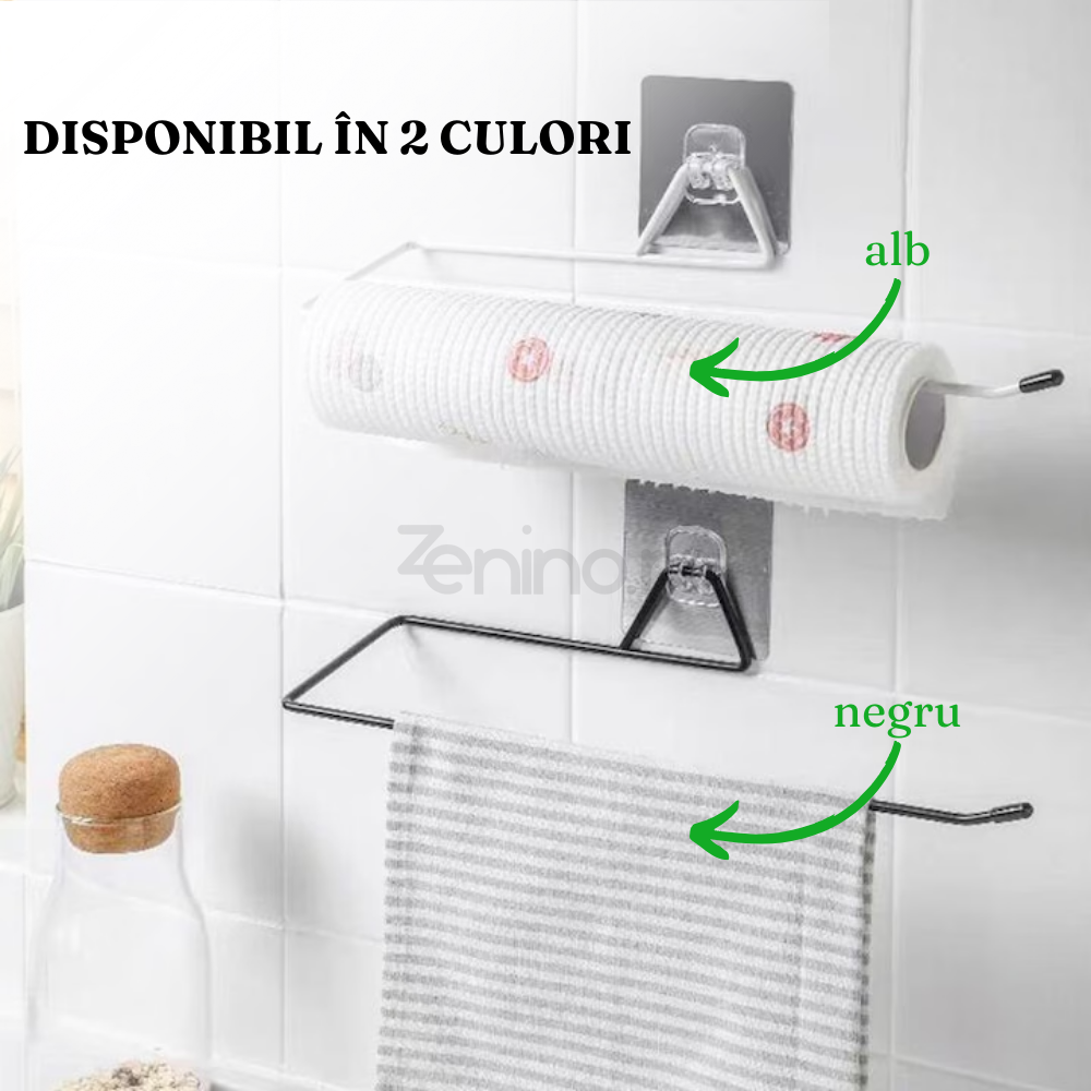 Towel/Paper Holder, Rod Type, Self-Adhesive Grip, Metallic, White/Black, 9.5x9.5x4 cm