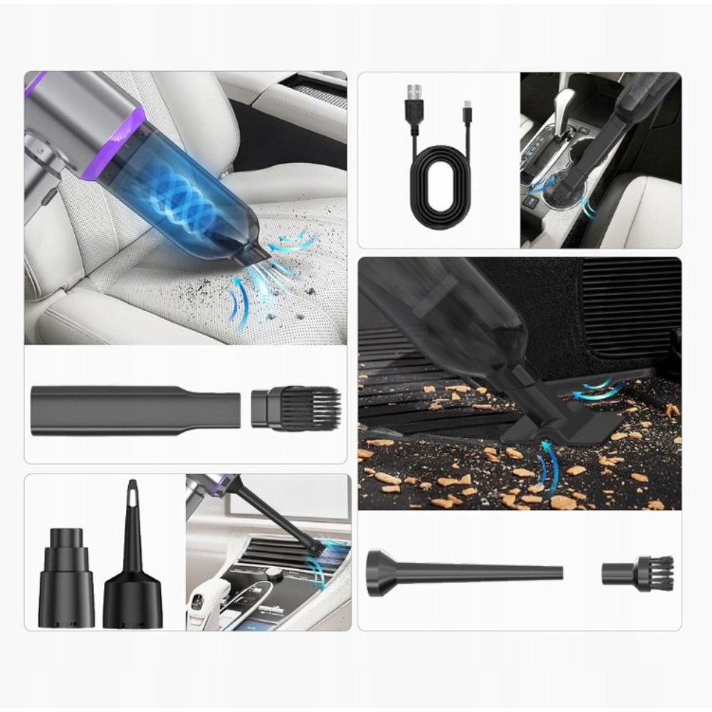 Преносима прахосмукачка за кола, 3 скорости, 100W, Hepa филтър, 2000mAh, 7 всмукателни глави, 50dB