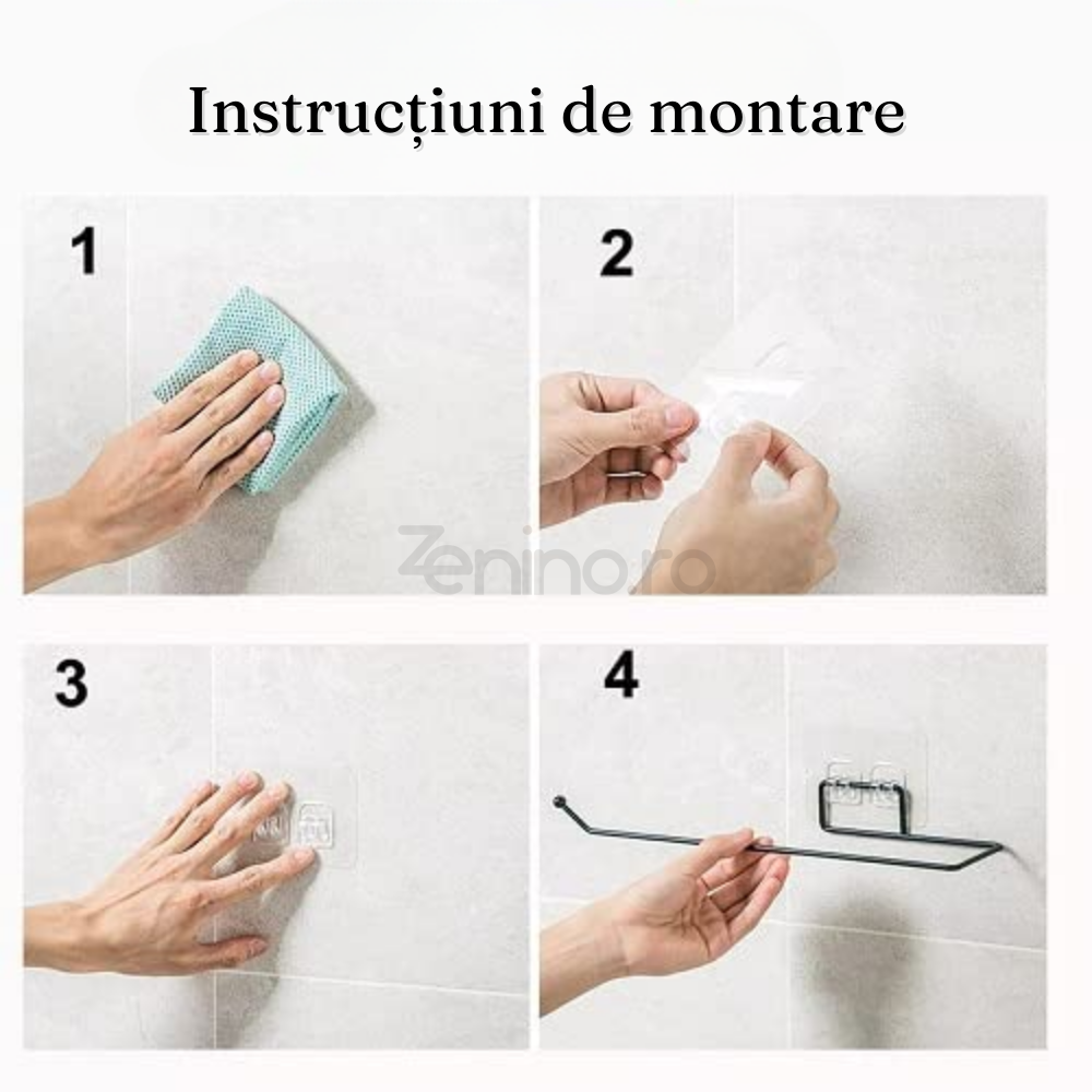 Towel/Paper Holder, Rod Type, Self-Adhesive Grip, Metallic, White/Black, 9.5x9.5x4 cm