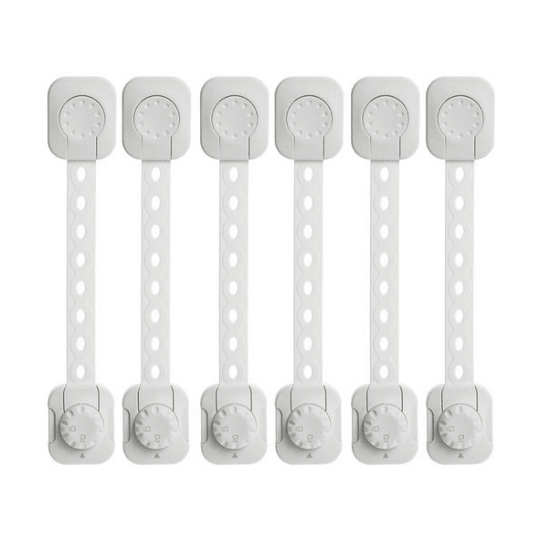 Комплект от 6 детски предпазни решетки, за шкаф, чекмедже, заключващо колело, регулируема дължина, лепило за закрепване, бяло