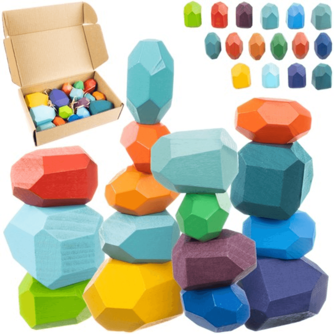 Set 16 Pietre Colorate, Montessori, Dezvolta Abilitatile, Indemnare, Imaginatie, Coordonare, Joc de Echilibru, Diferite Forme si Marimi, Lemn, Multicolor