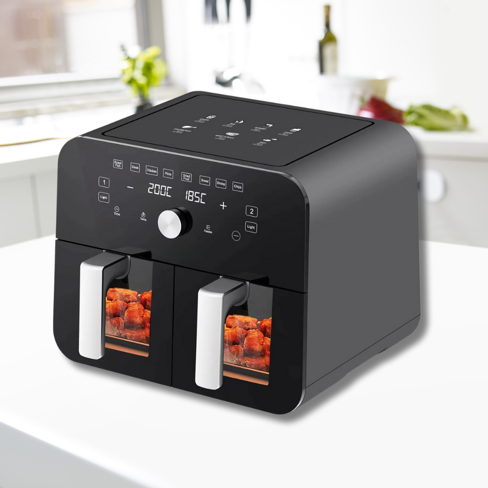 Double Hot Air Fryer, 2 Baskets, 10l Capacity, 2400W Power, Integrated Light, Touch Screen, Fast Cooking, Healthy Meals