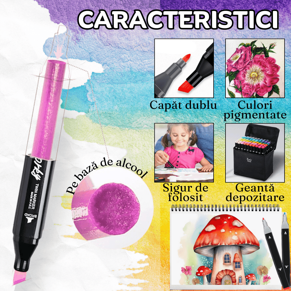 Set Markere cu Varf Dublu, Cutie Depozitare, Culori Intense, Multicolor