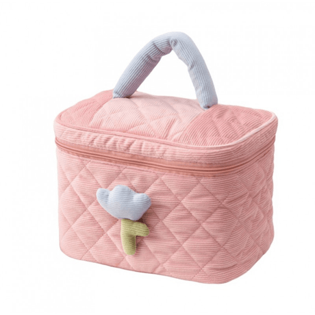 Cosmetic Bag, 2 Compartments, Tulip Pattern, Brush Holder, Soft Velvet, Zipper Closure, Pink, Purple, Blue