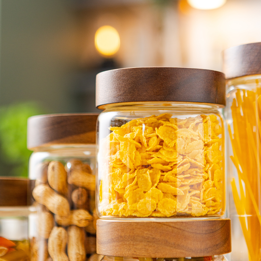 Set of 5 Food Storage Containers, Screw Closure, Acacia Wood, Glass