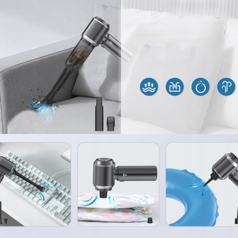 Преносима прахосмукачка за кола, 3 скорости, 100W, Hepa филтър, 2000mAh, 7 всмукателни глави, 50dB