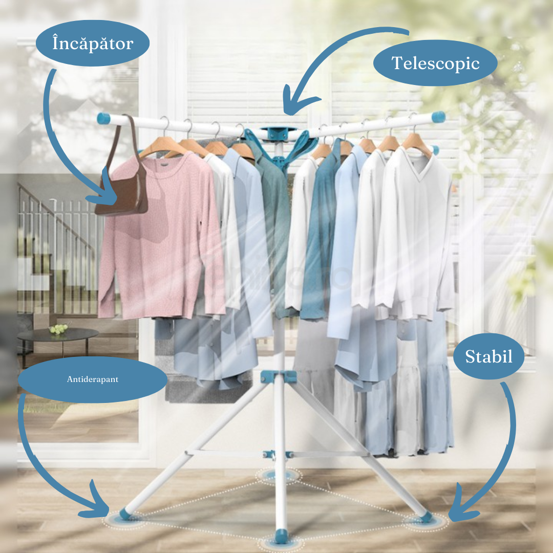 Сушилня за дрехи, тип чадър, 4 рамена, за вътрешна и външна употреба, неплъзгаща се опора, алуминий, височина между 108-165 см