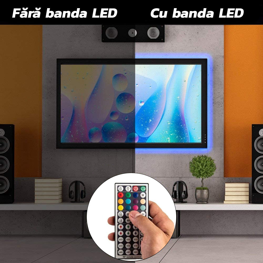 Banda Led RGB, Lungime 5M, 300 LED-uri, Telecomanda 44 Taste, Transformator 12V 5A