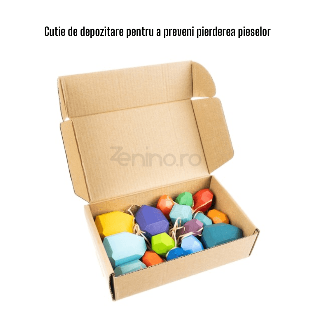 Set 16 Pietre Colorate, Montessori, Dezvolta Abilitatile, Indemnare, Imaginatie, Coordonare, Joc de Echilibru, Diferite Forme si Marimi, Lemn, Multicolor