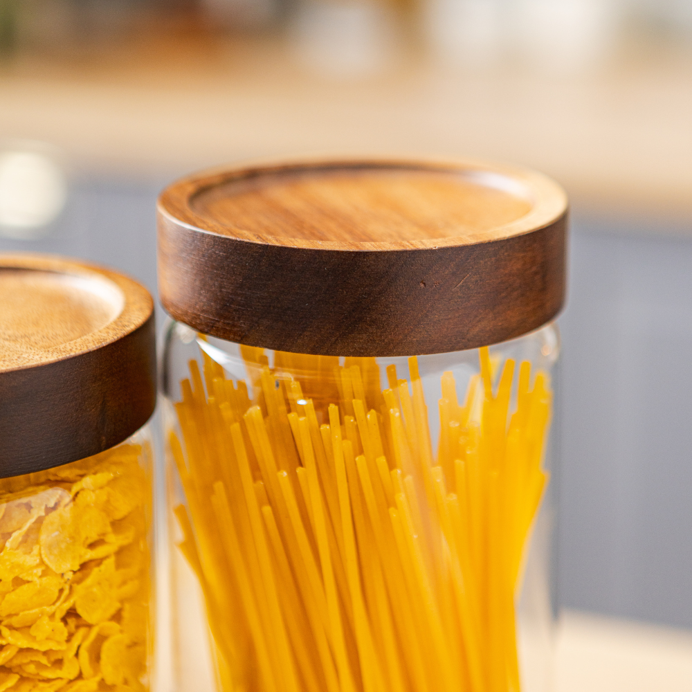 Set of 5 Food Storage Containers, Screw Closure, Acacia Wood, Glass