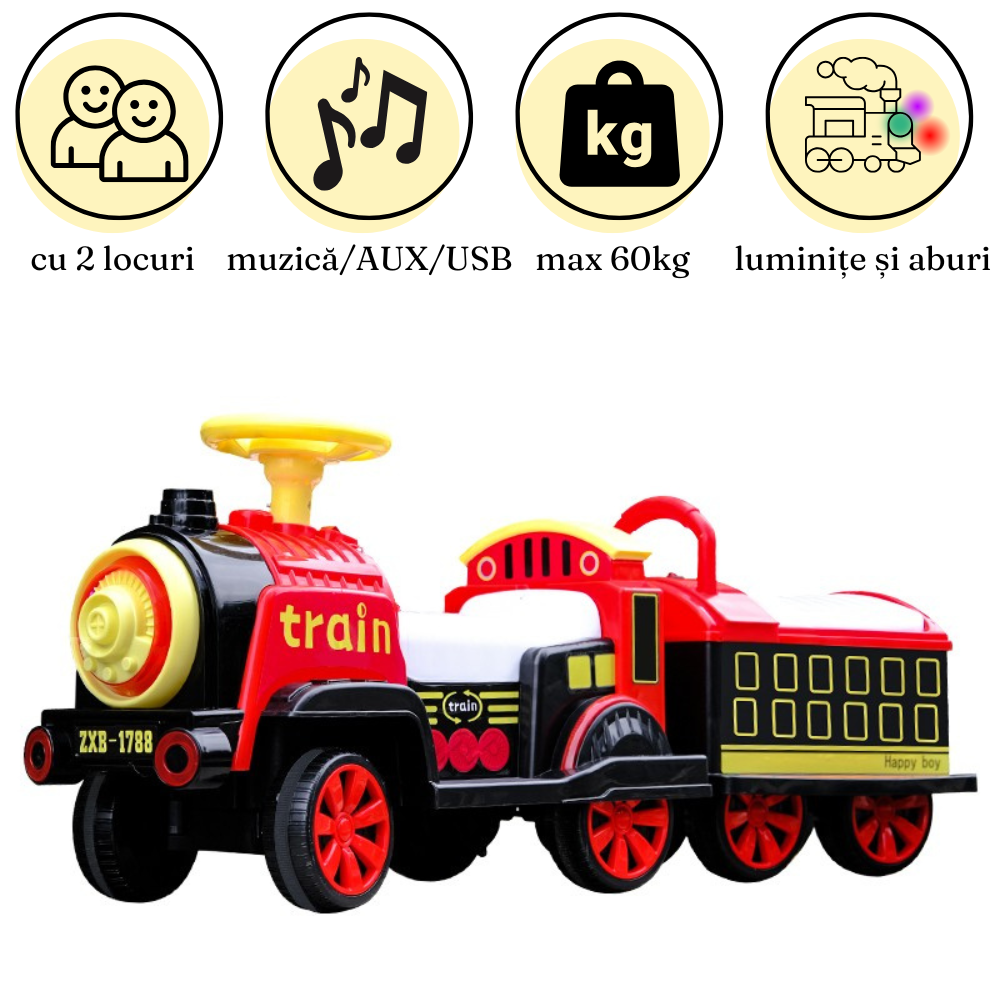 Electric Train, 2 Seats, Steam Locomotive, 1-6 Years, Max.60kg, Remote Control, Red