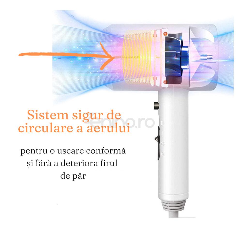 Сешоар, със стойка, 3 режима, 1200 W, издръжлив материал, йонизация, компактен размер, защита от прегряване, бял