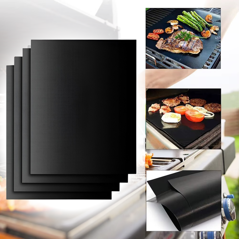 Non-Stick Grill Foil Set, Reusable, Heat Resistant, Teflon, 40x33cm, Black