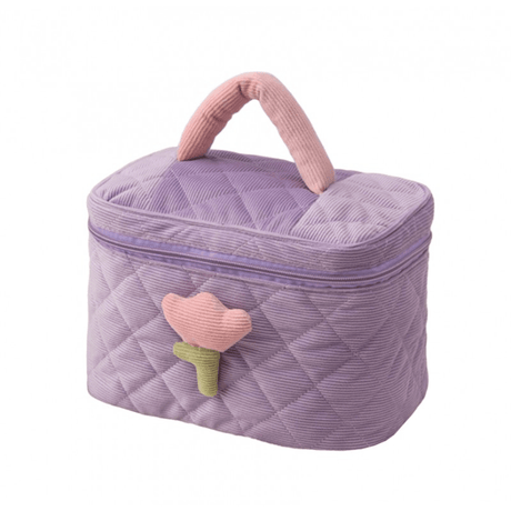 Cosmetic Bag, 2 Compartments, Tulip Pattern, Brush Holder, Soft Velvet, Zipper Closure, Pink, Purple, Blue