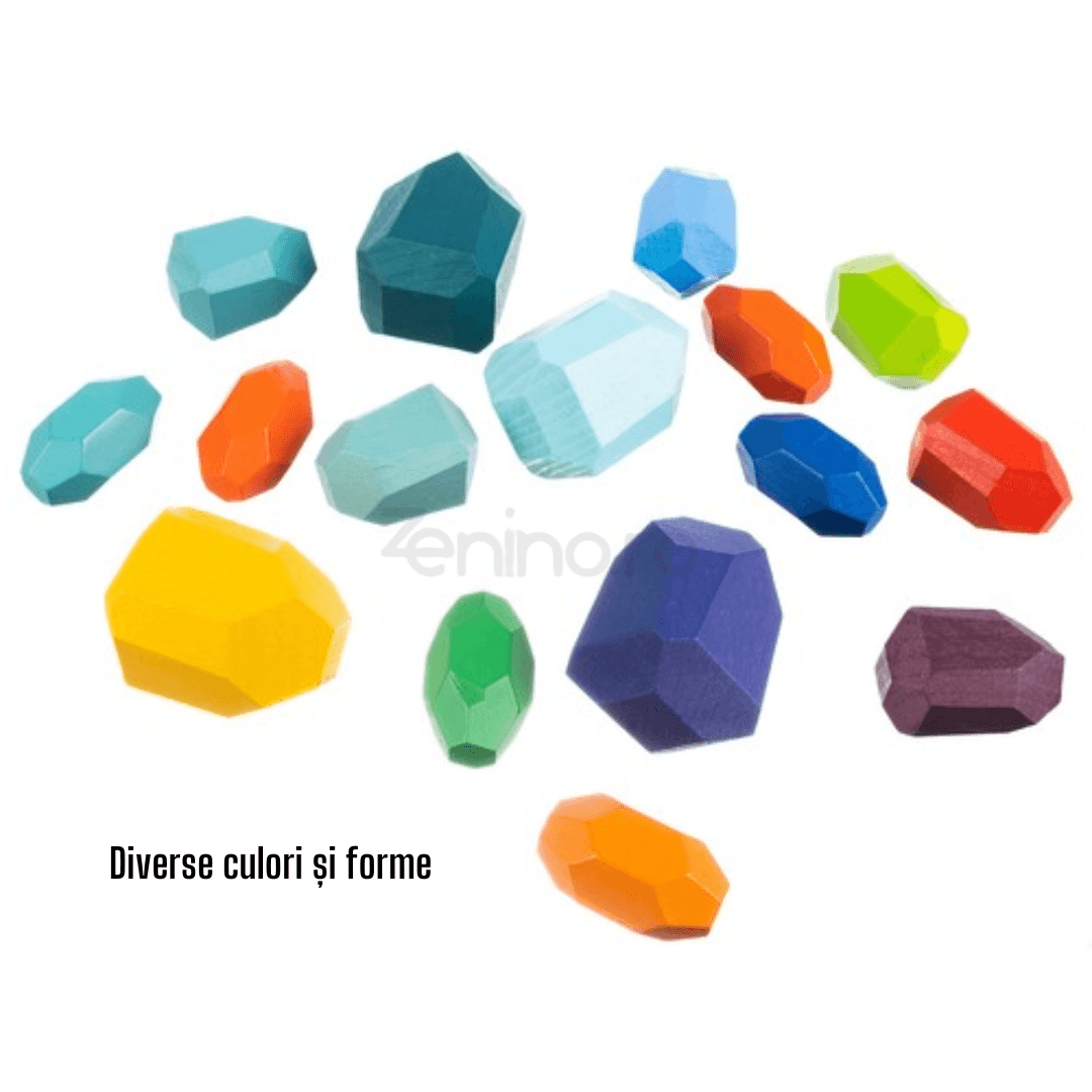Set 16 Pietre Colorate, Montessori, Dezvolta Abilitatile, Indemnare, Imaginatie, Coordonare, Joc de Echilibru, Diferite Forme si Marimi, Lemn, Multicolor