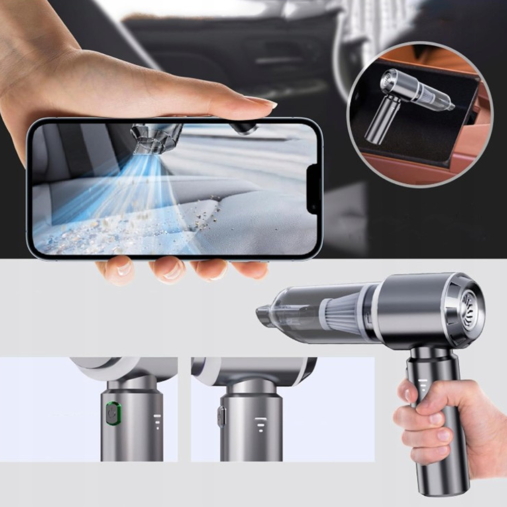 Преносима прахосмукачка за кола, 3 скорости, 100W, Hepa филтър, 2000mAh, 7 всмукателни глави, 50dB