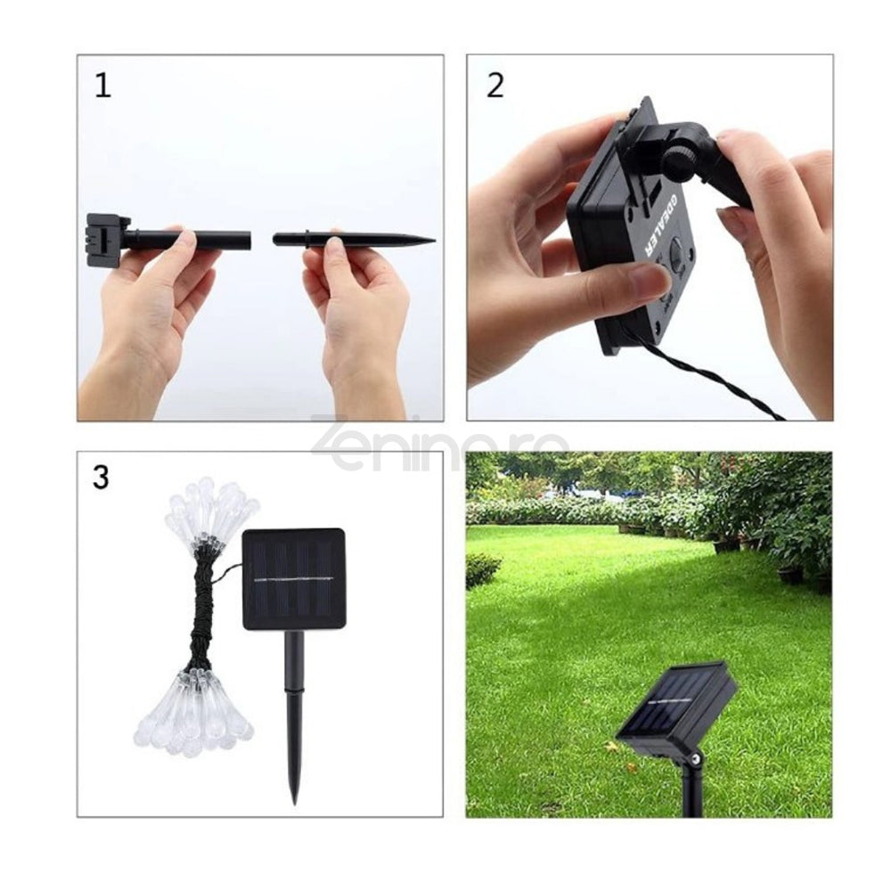 Instalatie Solara, Model Picaturi, 6m, 28 LED-uri, 8 Ore Lumina, Liniara, Alb Cald, Alb Rece si Multicolor, 600mAh