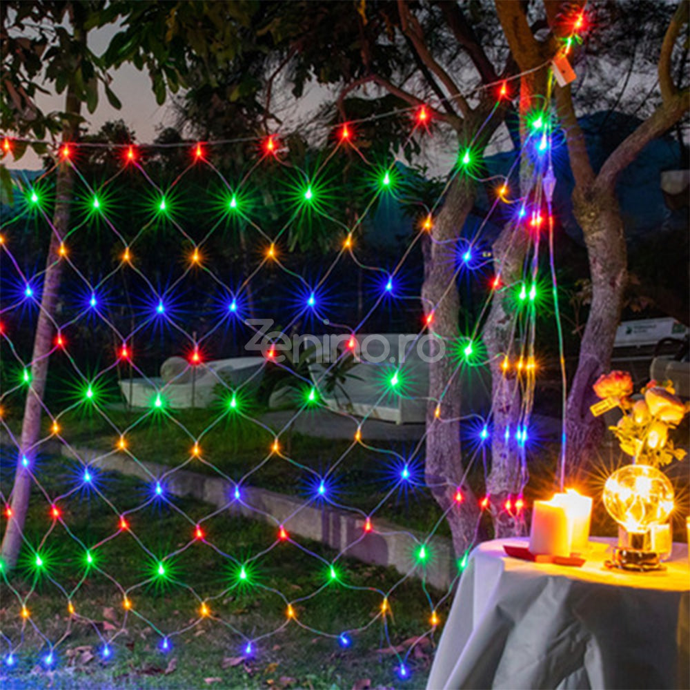 Instalatie de Craciun, Tip Plasa, Becuri LED, 8 Jocuri de Lumini, Interconectabila, Fir Transparent, Prelungitor 1.5m, Alb Cald, Rece, Multicolor