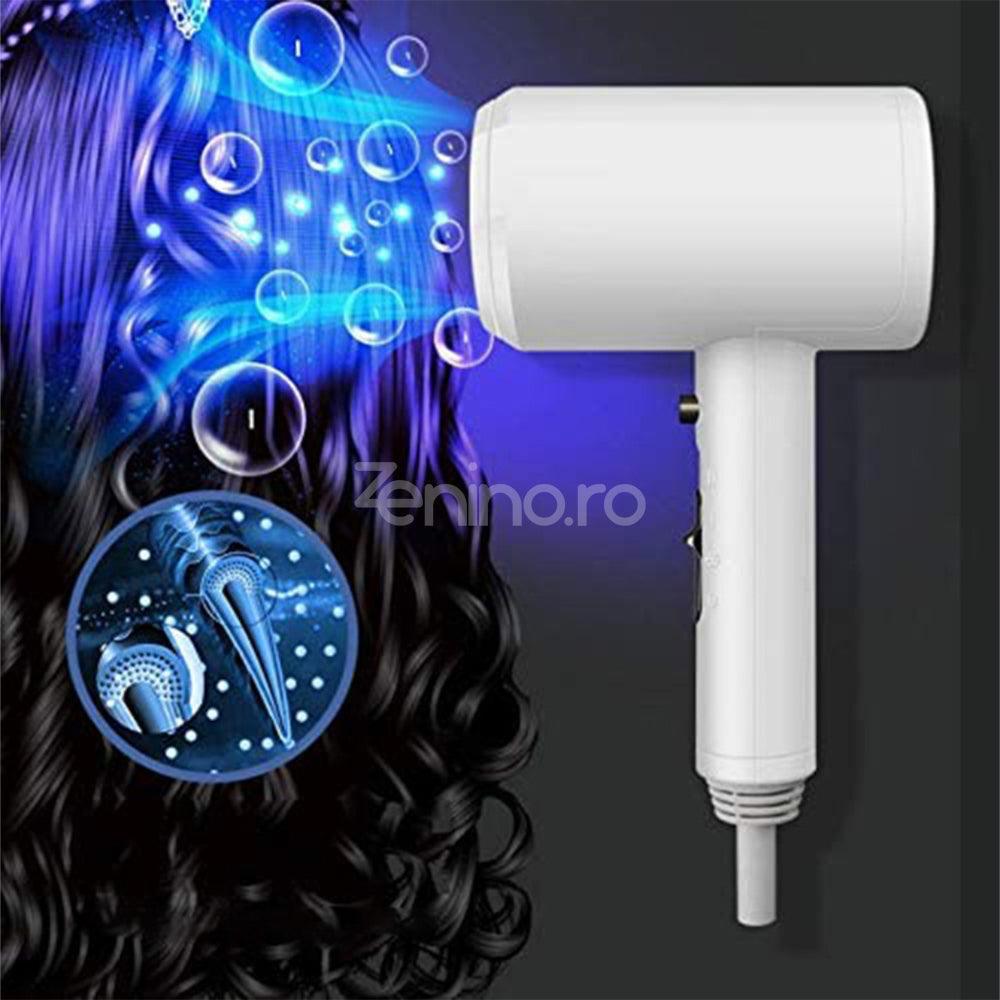 Сешоар, със стойка, 3 режима, 1200 W, издръжлив материал, йонизация, компактен размер, защита от прегряване, бял