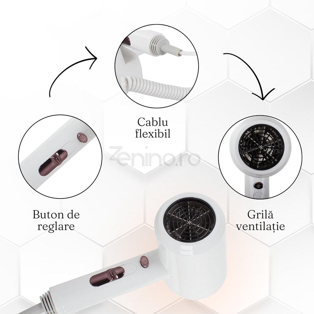 Сешоар, със стойка, 3 режима, 1200 W, издръжлив материал, йонизация, компактен размер, защита от прегряване, бял