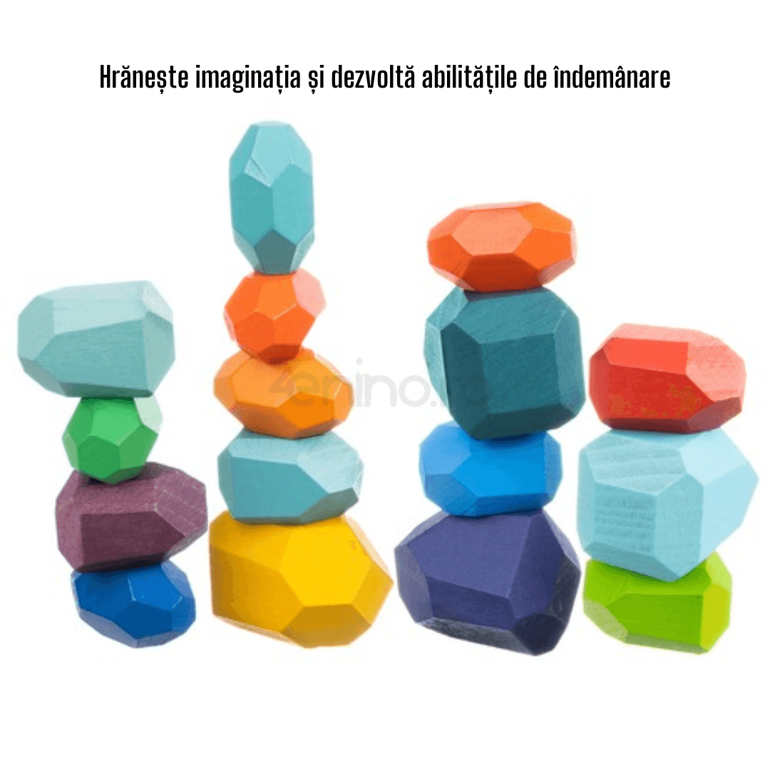 Set 16 Pietre Colorate, Montessori, Dezvolta Abilitatile, Indemnare, Imaginatie, Coordonare, Joc de Echilibru, Diferite Forme si Marimi, Lemn, Multicolor
