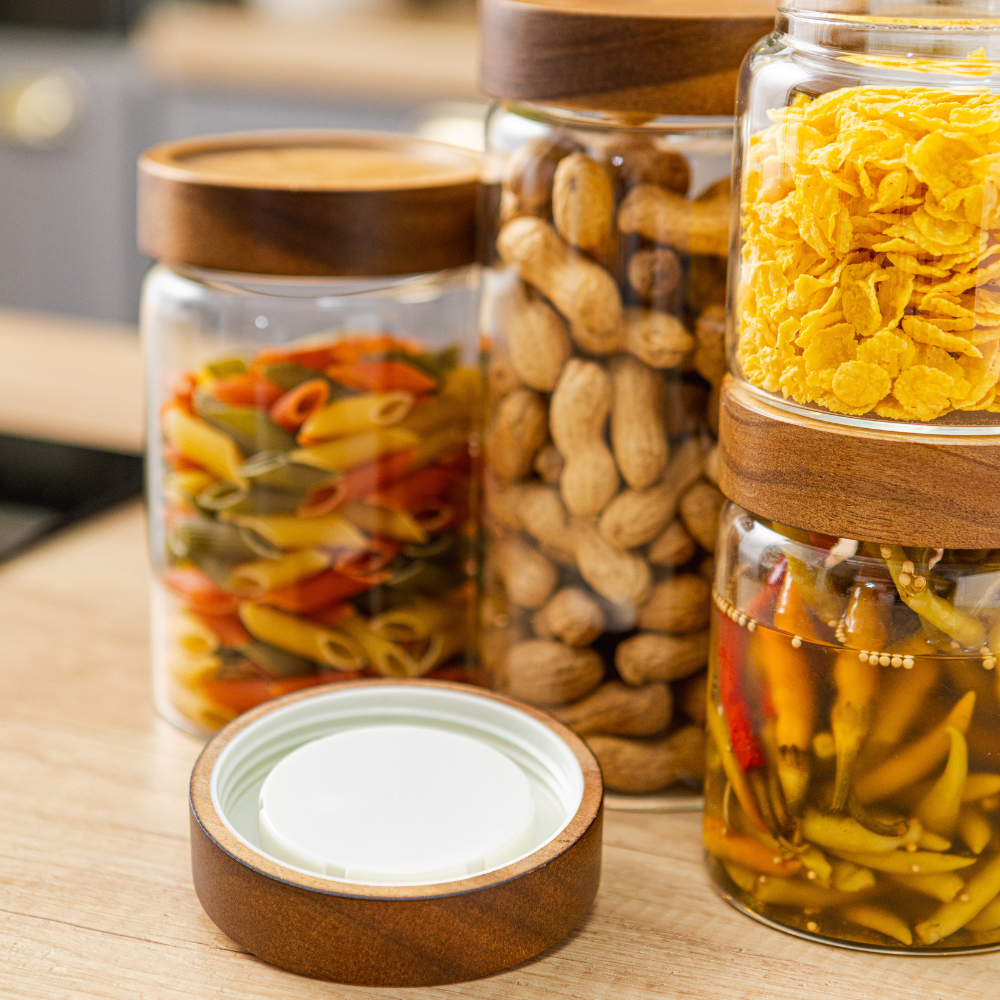 Set of 5 Food Storage Containers, Screw Closure, Acacia Wood, Glass