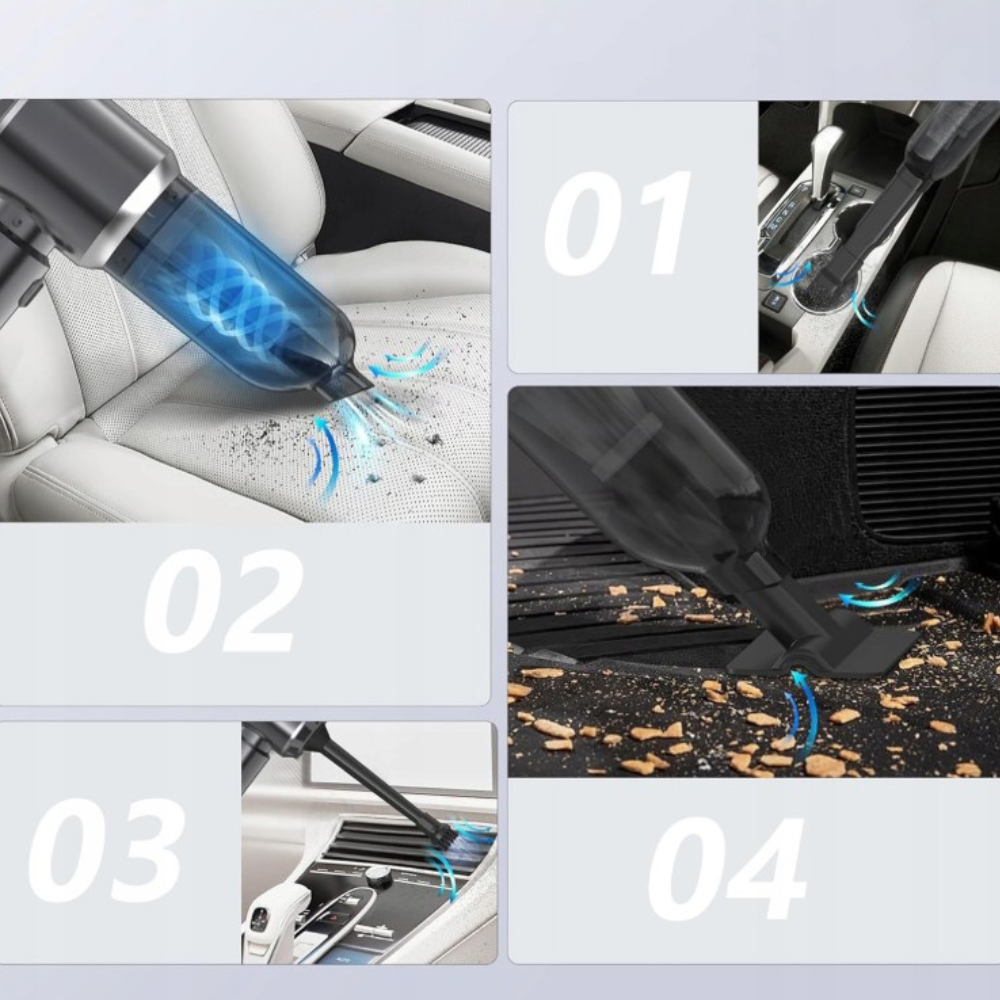 Преносима прахосмукачка за кола, 3 скорости, 100W, Hepa филтър, 2000mAh, 7 всмукателни глави, 50dB