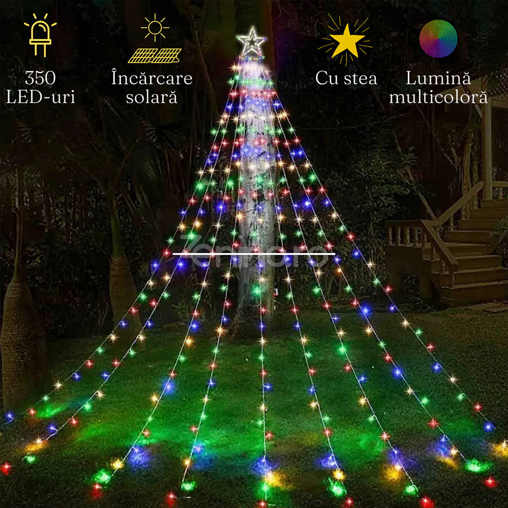 Instalatie de Craciun, Tip Perdea Brad, Lungime 185cm, 350 LED-uri, Incarcare Solara, pentru Exterior, Multicolora