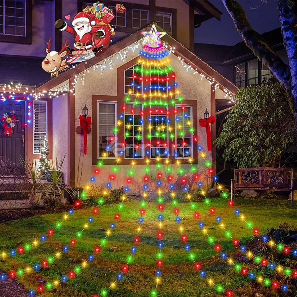 Instalatie de Craciun, Tip Perdea Brad, Lungime 185cm, 350 LED-uri, Incarcare Solara, pentru Exterior, Multicolora