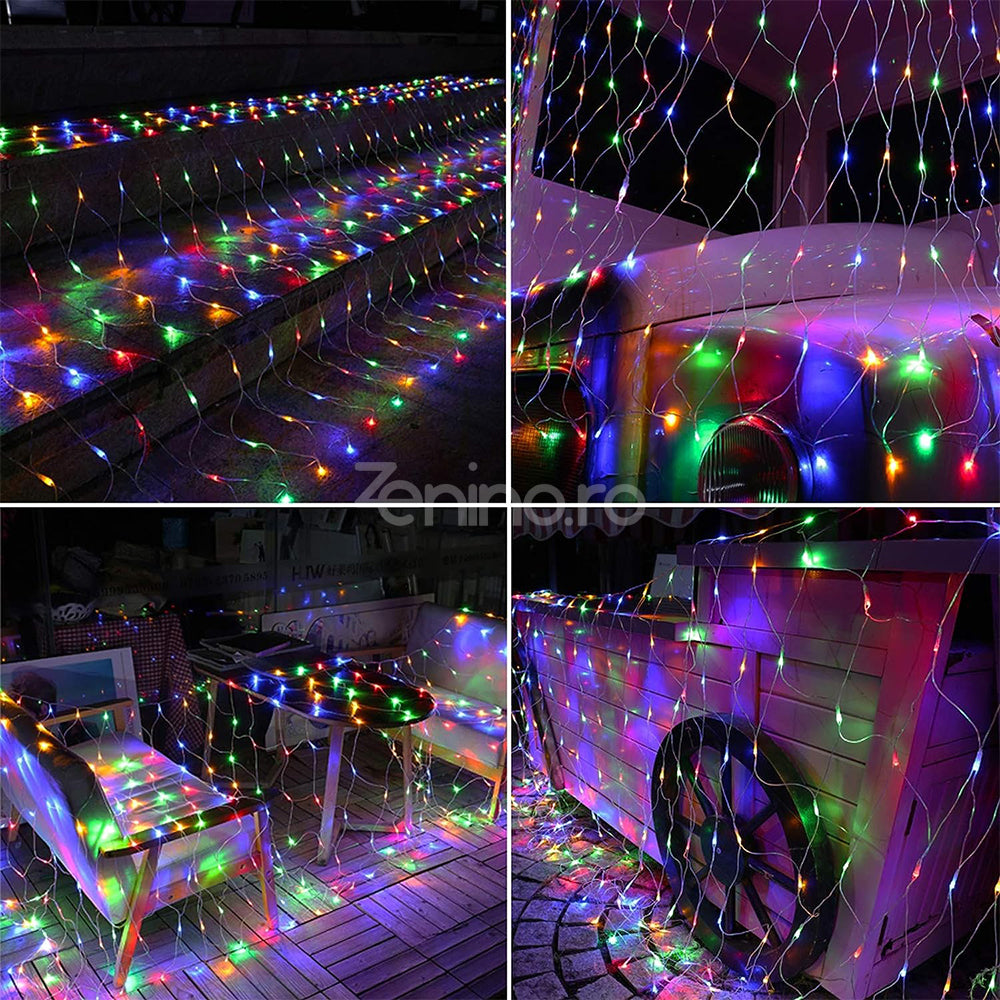 Instalatie de Craciun, Tip Plasa, Becuri LED, 8 Jocuri de Lumini, Interconectabila, Fir Transparent, Prelungitor 1.5m, Alb Cald, Rece, Multicolor