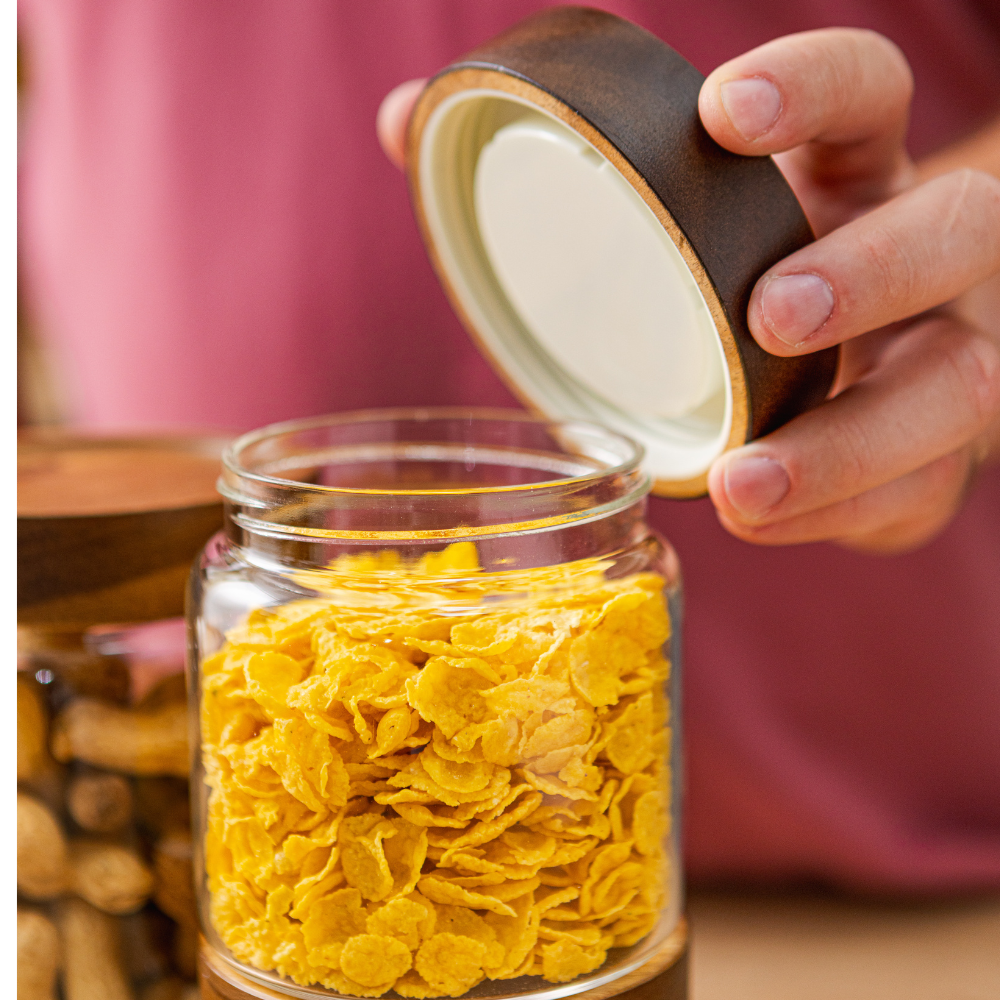 Set of 5 Food Storage Containers, Screw Closure, Acacia Wood, Glass