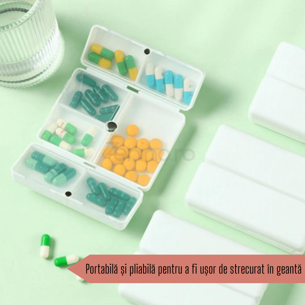 Cutie Medicamente, 7 Compartimente Individuale, Compacta, Portabila, Inchidere Magnetica, Plastic, 7x10cm
