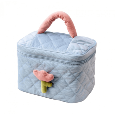 Cosmetic Bag, 2 Compartments, Tulip Pattern, Brush Holder, Soft Velvet, Zipper Closure, Pink, Purple, Blue