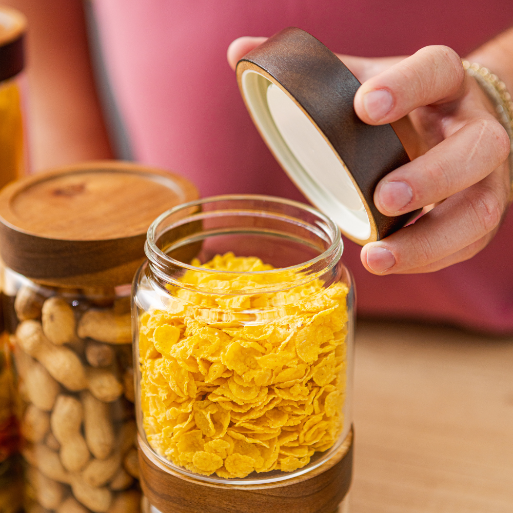 Set of 5 Food Storage Containers, Screw Closure, Acacia Wood, Glass