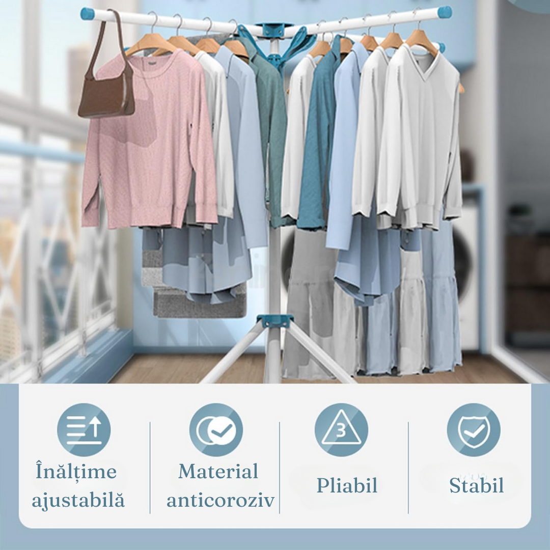 Сушилня за дрехи, тип чадър, 4 рамена, за вътрешна и външна употреба, неплъзгаща се опора, алуминий, височина между 108-165 см