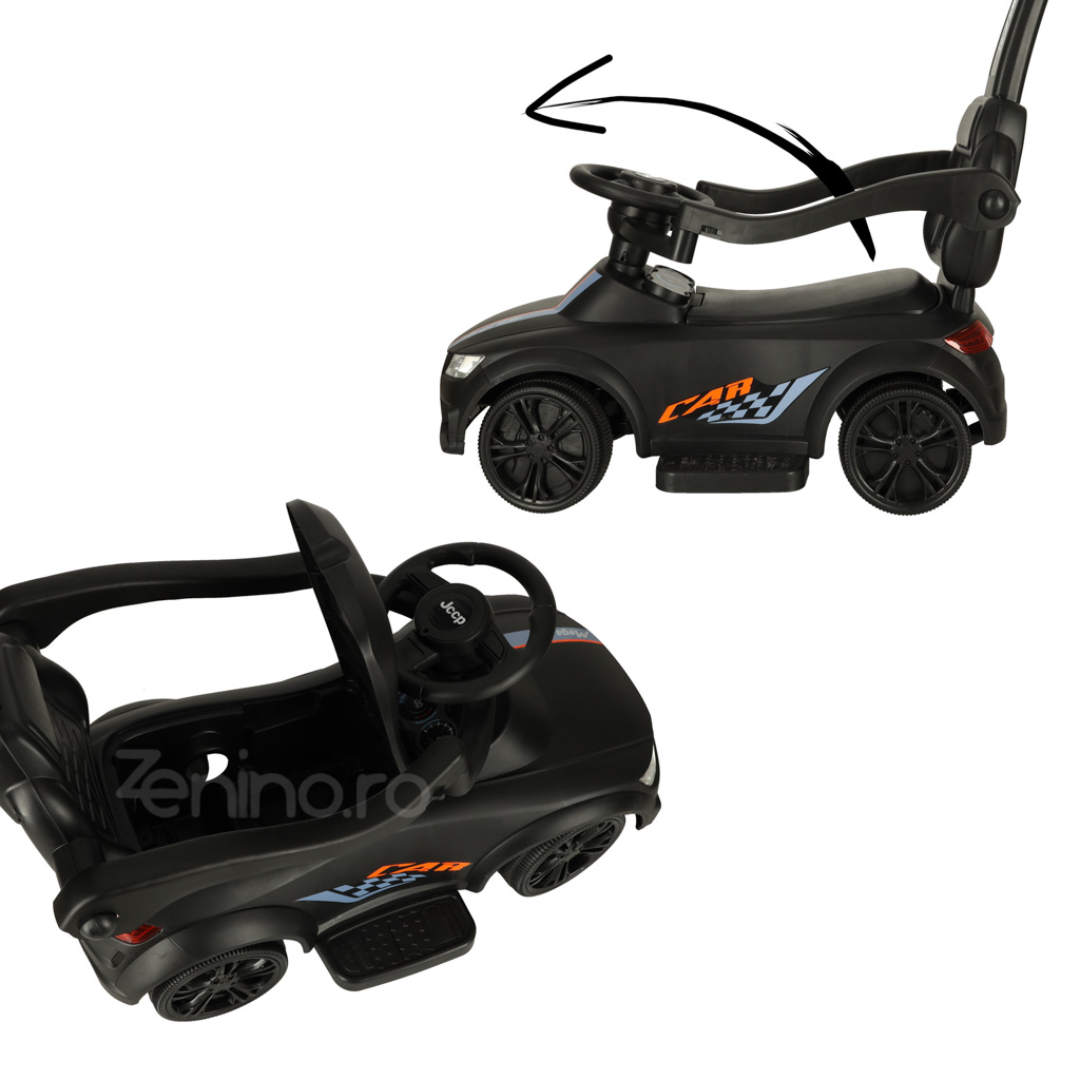 Push Car for Children, Steering Wheel, Removable Handle, Support Bars, Sounds and Lights, Battery Powered, Maximum 23 kg, Black