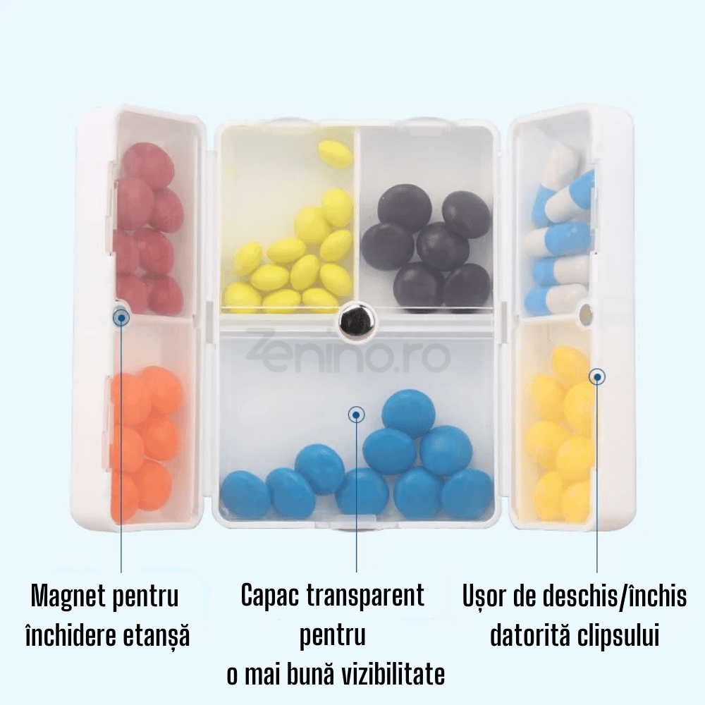 Cutie Medicamente, 7 Compartimente Individuale, Compacta, Portabila, Inchidere Magnetica, Plastic, 7x10cm