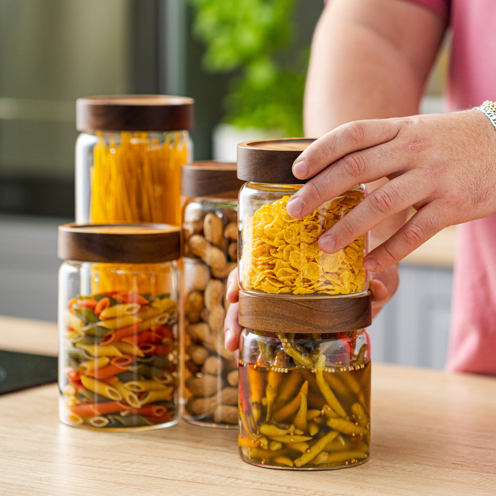 Set of 5 Food Storage Containers, Screw Closure, Acacia Wood, Glass