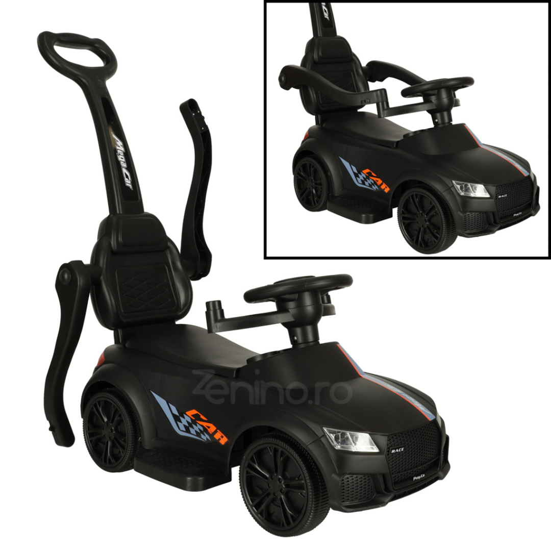 Push Car for Children, Steering Wheel, Removable Handle, Support Bars, Sounds and Lights, Battery Powered, Maximum 23 kg, Black