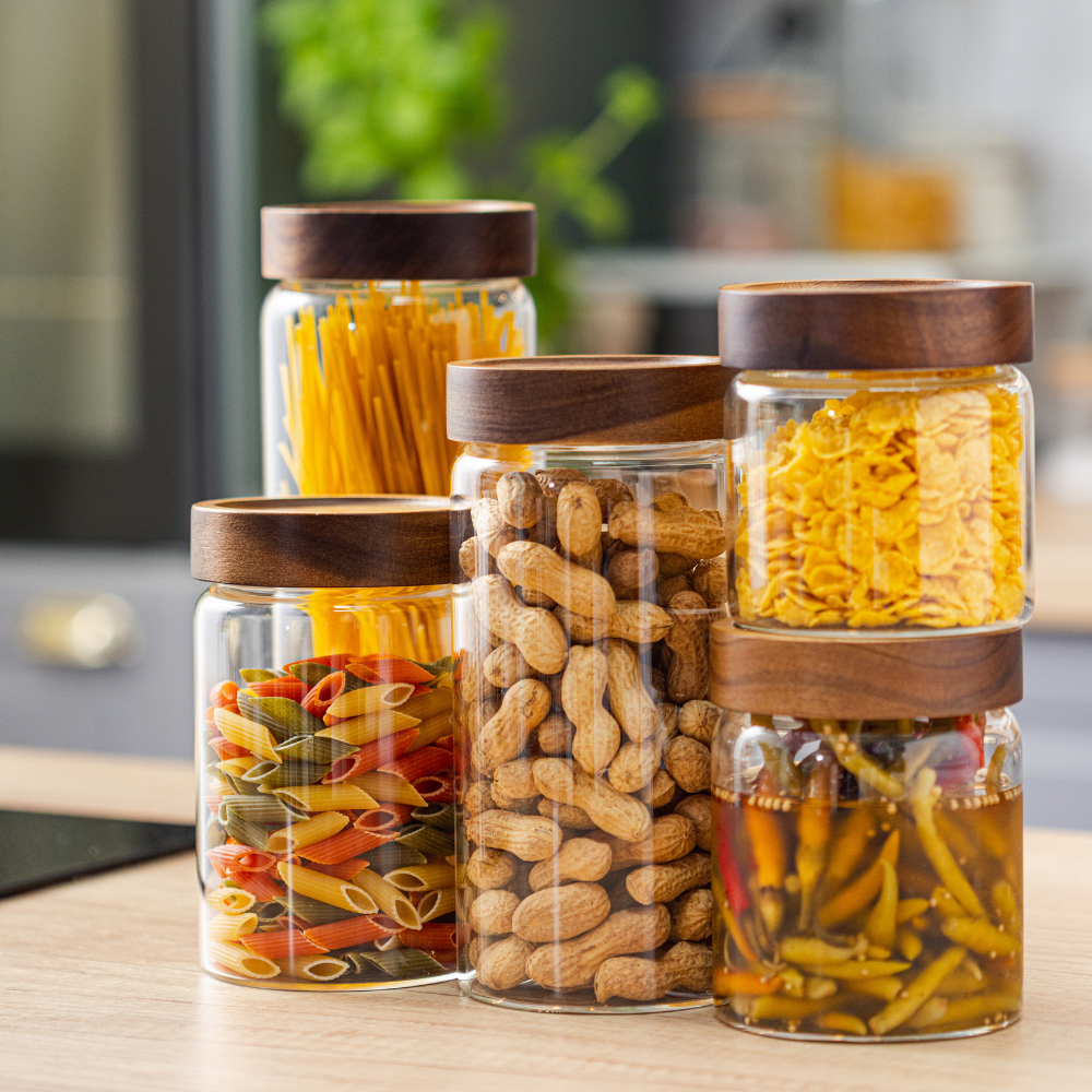 Set of 5 Food Storage Containers, Screw Closure, Acacia Wood, Glass