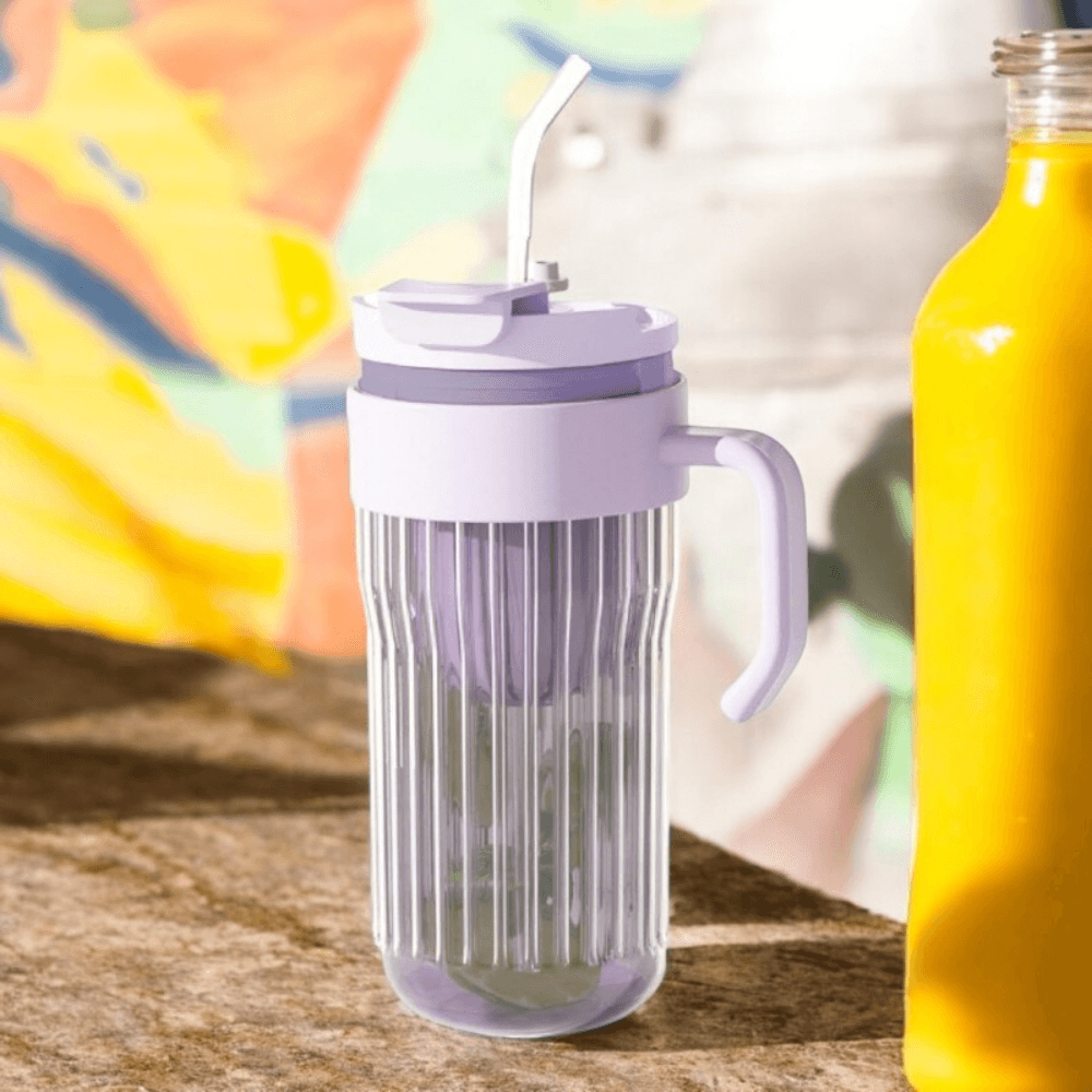 2in1 Glass Mug, Capacity 550ml, for Tea/Coffee, Reusable Straw, with Handle, Green, Purple, Pink