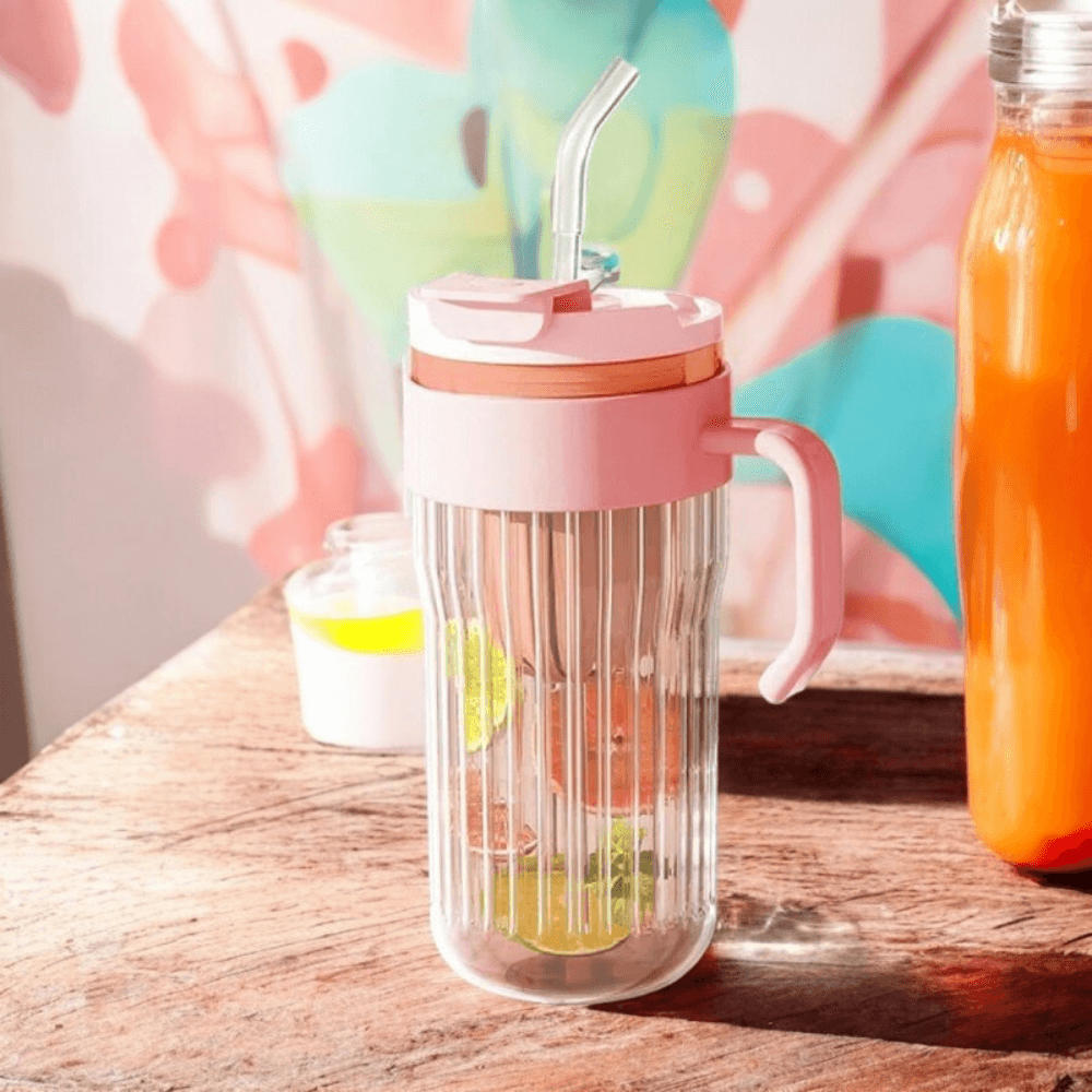2in1 Glass Mug, Capacity 550ml, for Tea/Coffee, Reusable Straw, with Handle, Green, Purple, Pink
