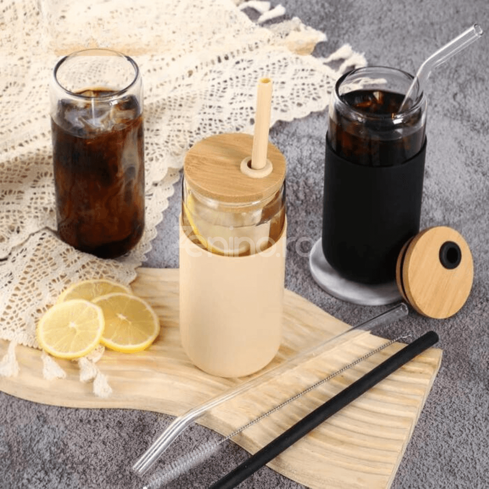 Set of 2 Insulated Glass Cups, 500ml, Bamboo Lid, Non-Toxic, Silicone Protection, Black, Cream