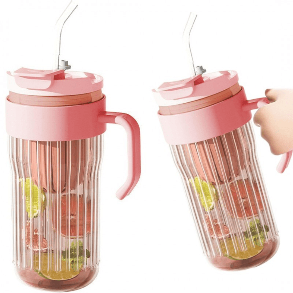 2in1 Glass Mug, Capacity 550ml, for Tea/Coffee, Reusable Straw, with Handle, Green, Purple, Pink