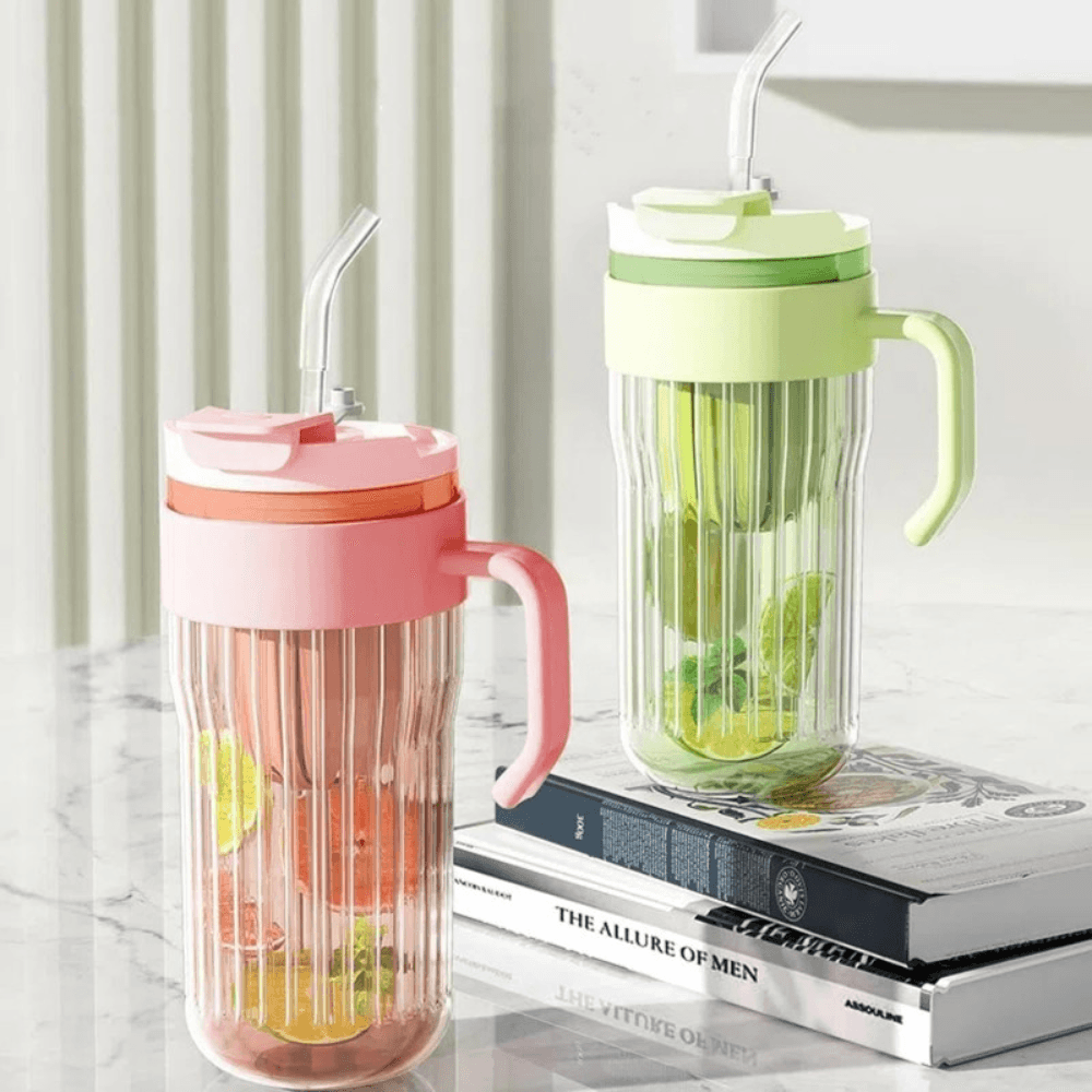 2in1 Glass Mug, Capacity 550ml, for Tea/Coffee, Reusable Straw, with Handle, Green, Purple, Pink